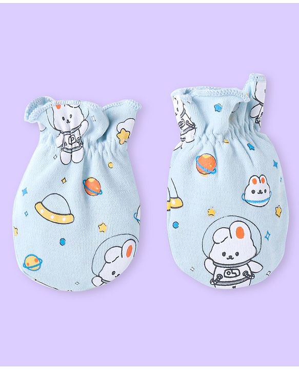 Babyhug 100% Cotton Knit Space Theme Printed Mittens & Booties - Light Blue
