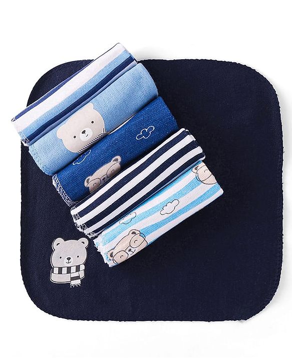 Babyhug Knit Terry Hand and Face Towels with Stripes & Bear Print L 25.4 x B 25.4 cm Pack of 6 - Blue & White