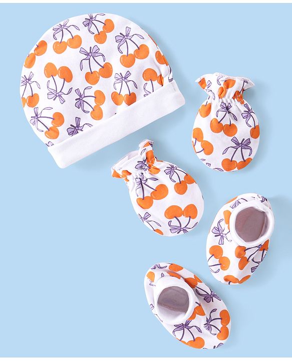 Babyhug 100% Cotton Cap Mittens And Booties Fruit  Printed - White