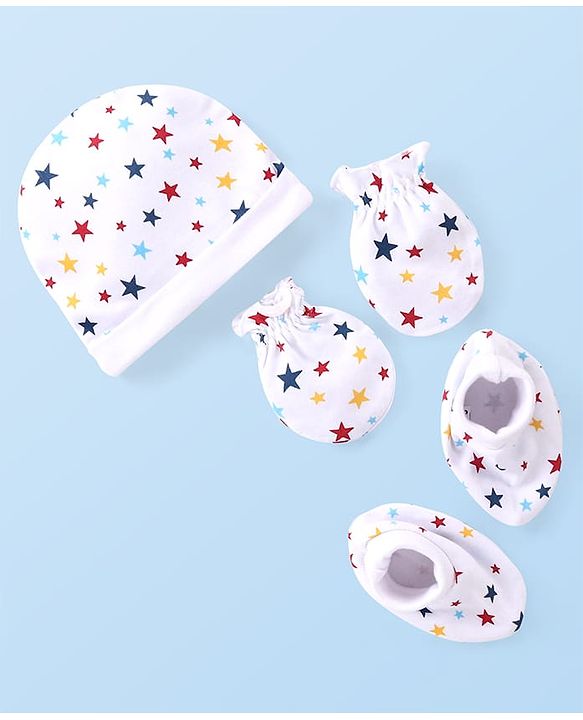 Babyhug 100% Cotton Interlock Knit Cap Mitten & Booties with Star   Print -White