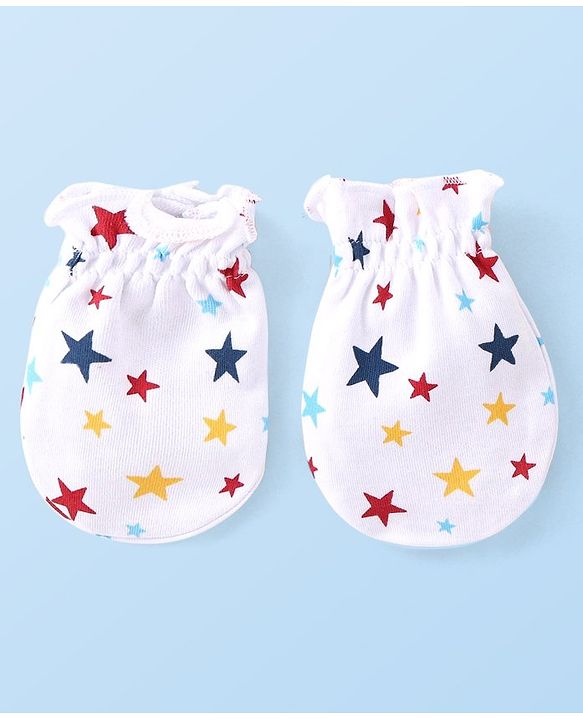 Babyhug 100% Cotton Interlock Knit Cap Mitten & Booties with Star   Print -White