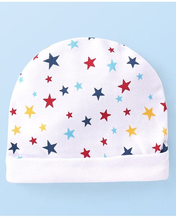 Babyhug 100% Cotton Interlock Knit Cap Mitten & Booties with Star   Print -White