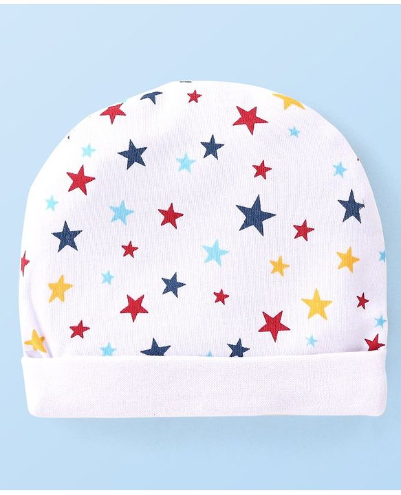 Babyhug 100% Cotton Interlock Knit Cap Mitten & Booties with Star   Print -White