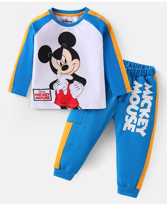 Babyhug Disney Cotton Knit Full Raglan Sleeves T-Shirt & Joggers Set with Mickey Mouse Print - Blue