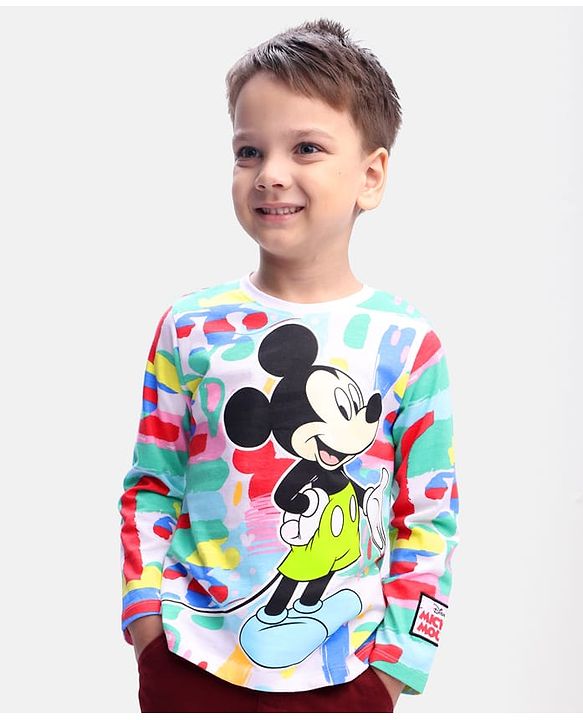 Babyhug Disney Single Jersey Full Sleeve T-Shirt With Mickey Mouse Graphics - White