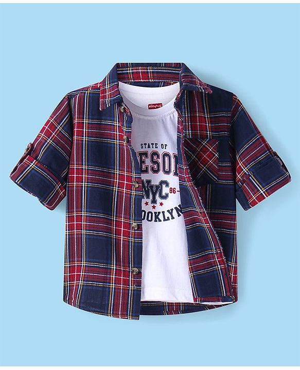 Babyhug Cotton Woven Full Sleeves Shirt With Checks & Printed Inner Tee - Navy & Wine