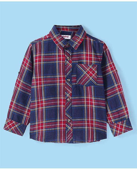 Babyhug Cotton Woven Full Sleeves Shirt With Checks & Printed Inner Tee - Navy & Wine