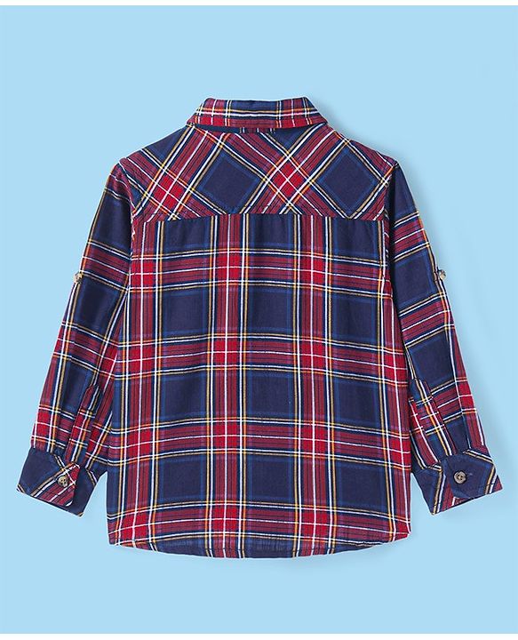 Babyhug Cotton Woven Full Sleeves Shirt With Checks & Printed Inner Tee - Navy & Wine