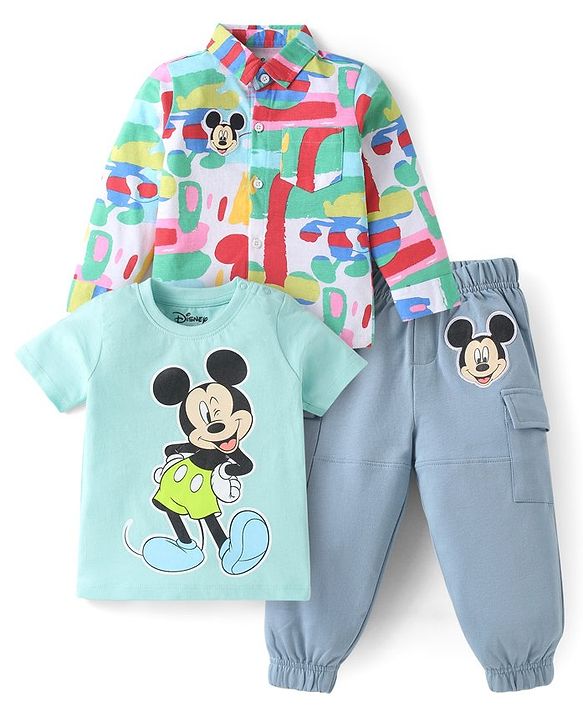 Babyhug Disney Cotton Knit Full Sleeves Shirt & Lounge Pant Set With T-Shirt & Mickey Mouse Graphics - Light Blue