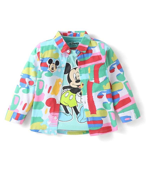 Babyhug Disney Cotton Knit Full Sleeves Shirt & Lounge Pant Set With T-Shirt & Mickey Mouse Graphics - Light Blue