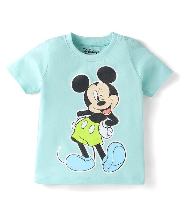 Babyhug Disney Cotton Knit Full Sleeves Shirt & Lounge Pant Set With T-Shirt & Mickey Mouse Graphics - Light Blue