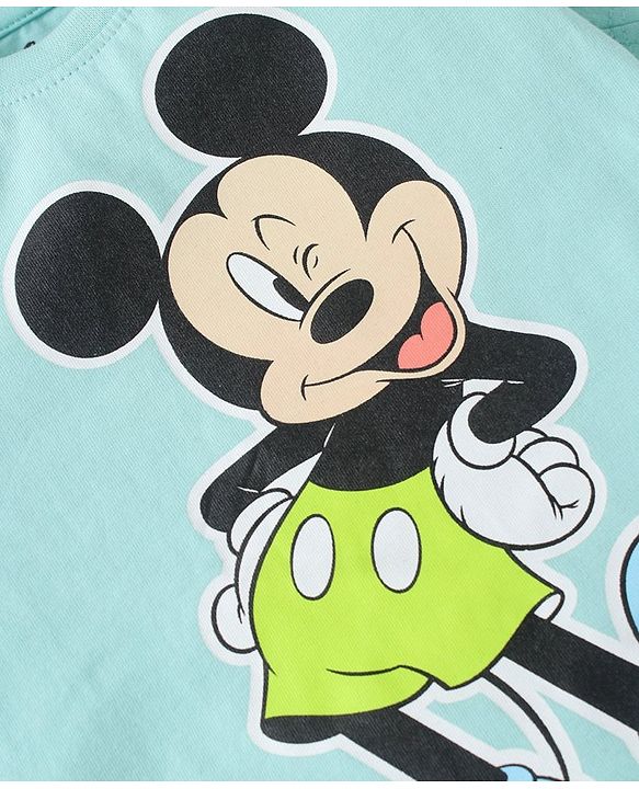 Babyhug Disney Cotton Knit Full Sleeves Shirt & Lounge Pant Set With T-Shirt & Mickey Mouse Graphics - Light Blue