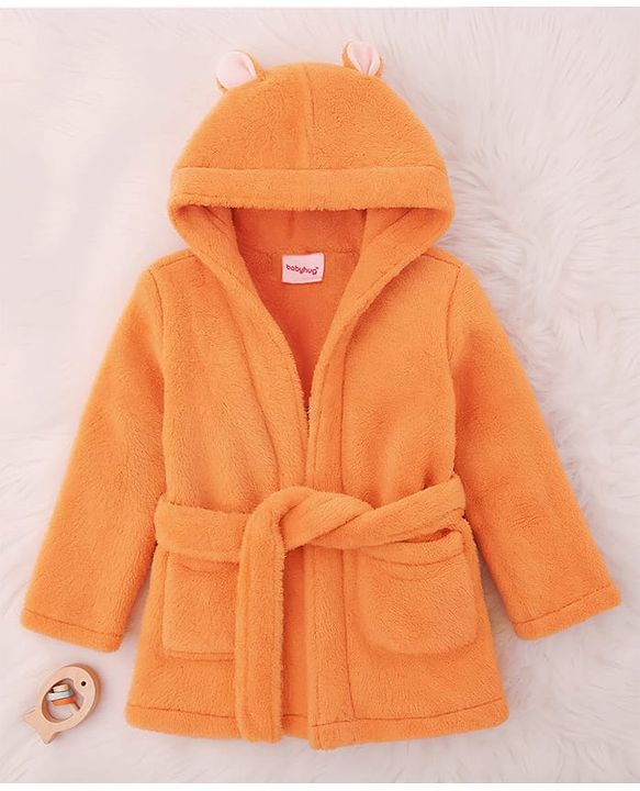 Babyhug Velour  Knit Full Sleeves Hooded Bath Robe With Ear Flaps - Orange