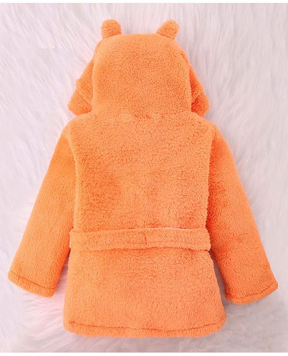 Babyhug Velour  Knit Full Sleeves Hooded Bath Robe With Ear Flaps - Orange