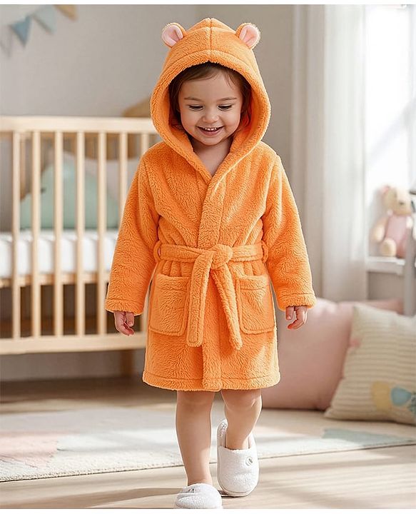 Babyhug Velour  Knit Full Sleeves Hooded Bath Robe With Ear Flaps - Orange
