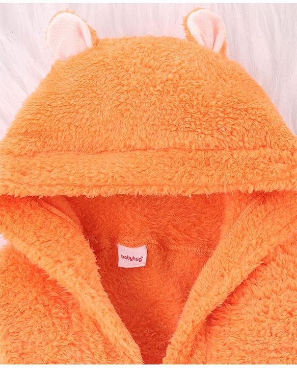 Babyhug Velour  Knit Full Sleeves Hooded Bath Robe With Ear Flaps - Orange