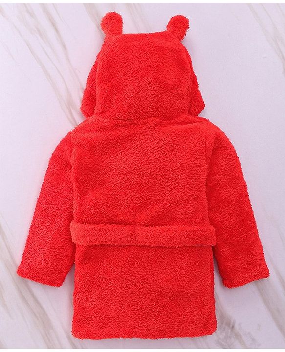 Babyhug Velour Cotton Knit Full Sleeves Hooded Bath Robe With Ear Flaps - Red