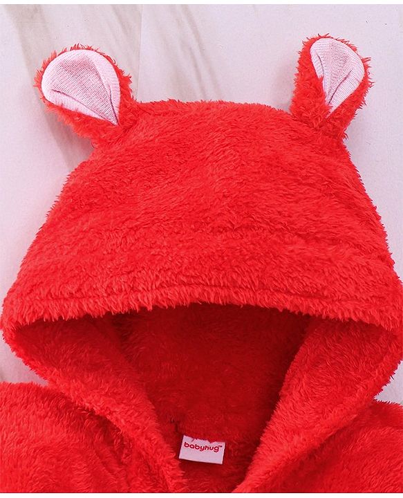 Babyhug Velour Cotton Knit Full Sleeves Hooded Bath Robe With Ear Flaps - Red