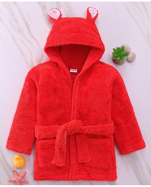 Babyhug Velour Cotton Knit Full Sleeves Hooded Bath Robe With Ear Flaps - Red