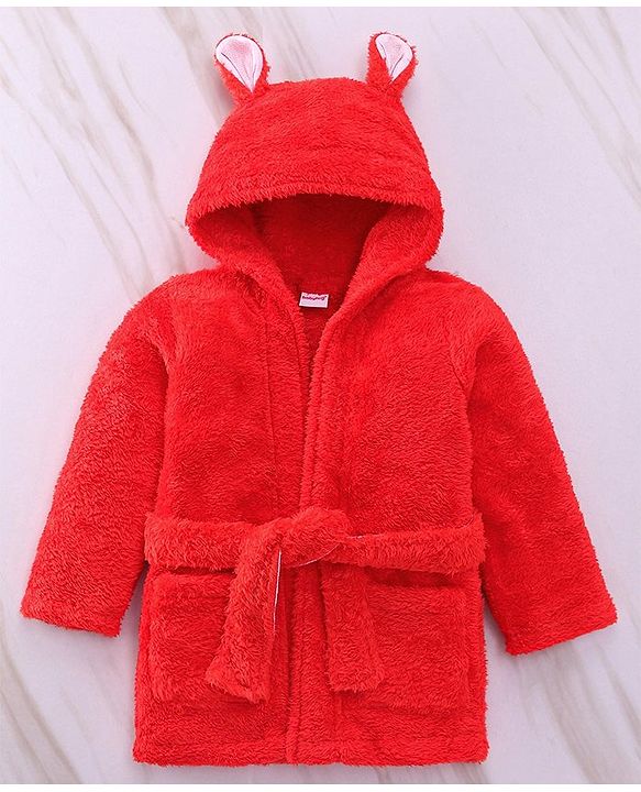 Babyhug Velour Cotton Knit Full Sleeves Hooded Bath Robe With Ear Flaps - Red