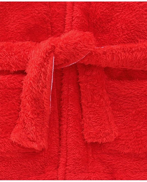 Babyhug Velour Cotton Knit Full Sleeves Hooded Bath Robe With Ear Flaps - Red