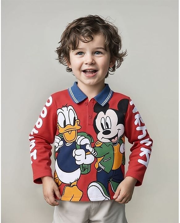 Babyhug Disney Single Jersey Knit Full Sleeves Polo T-Shirt With Mickey Mouse & Donald Duck Graphics - Red