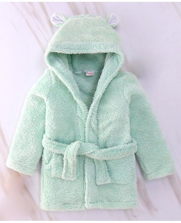 Babyhug Velour  Knit Full Sleeves Hooded Bath Robe With Ear Flaps - Sea Green