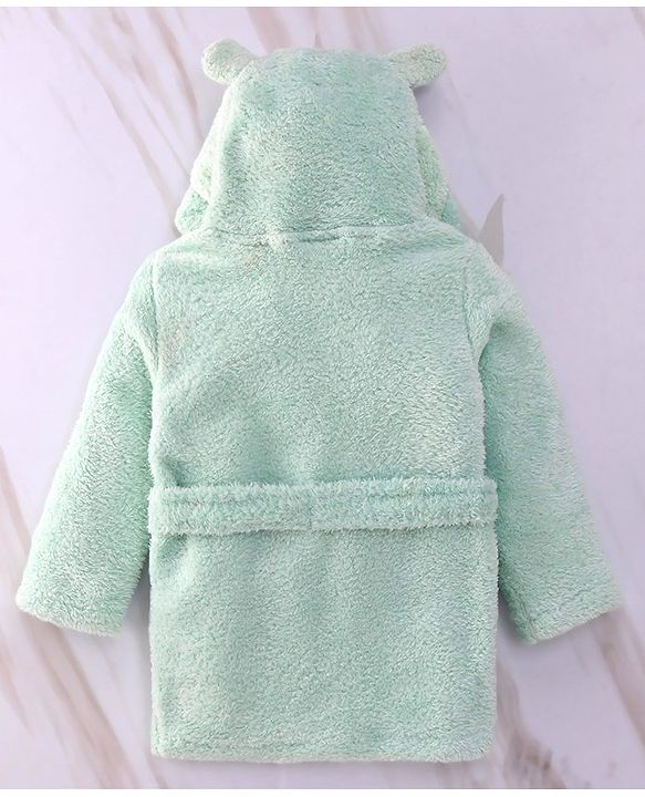 Babyhug Velour  Knit Full Sleeves Hooded Bath Robe With Ear Flaps - Sea Green