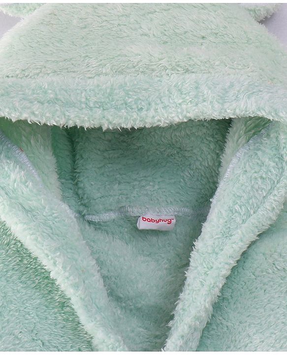 Babyhug Velour  Knit Full Sleeves Hooded Bath Robe With Ear Flaps - Sea Green
