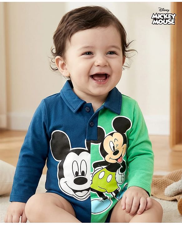 Babyhug Disney Interlock Knit Full Sleeves Onesie With Mickey Mouse Graphics - Navy Blue & Green