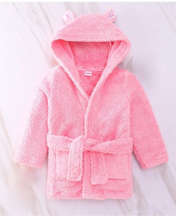 Babyhug Velour  Knit Full Sleeves Hooded Bath Robe With Ear Flaps - Pink