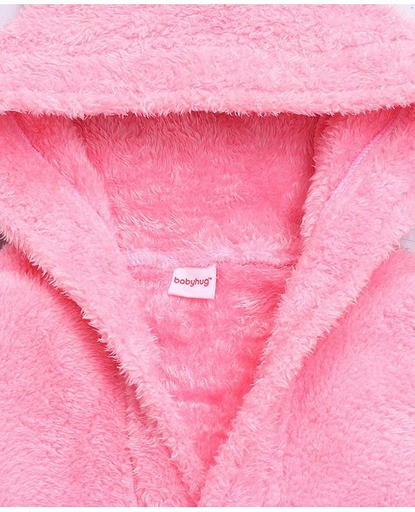 Babyhug Velour  Knit Full Sleeves Hooded Bath Robe With Ear Flaps - Pink