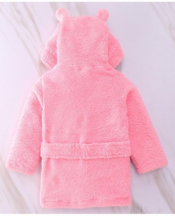Babyhug Velour  Knit Full Sleeves Hooded Bath Robe With Ear Flaps - Pink