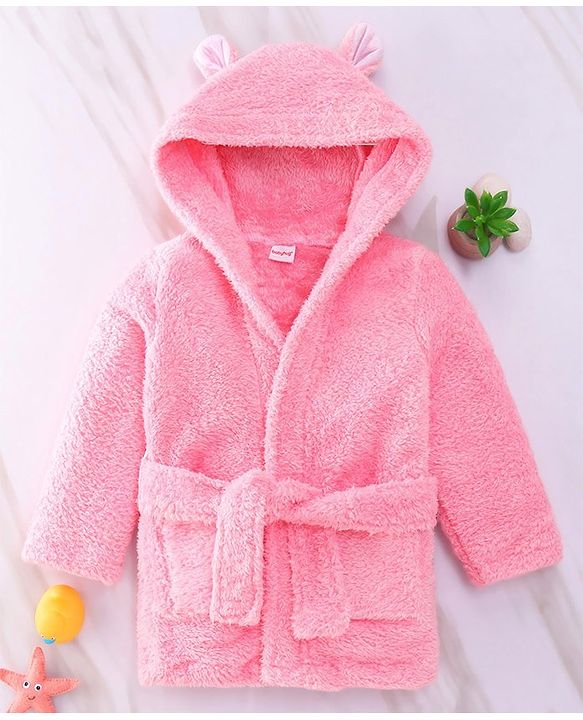 Babyhug Velour  Knit Full Sleeves Hooded Bath Robe With Ear Flaps - Pink