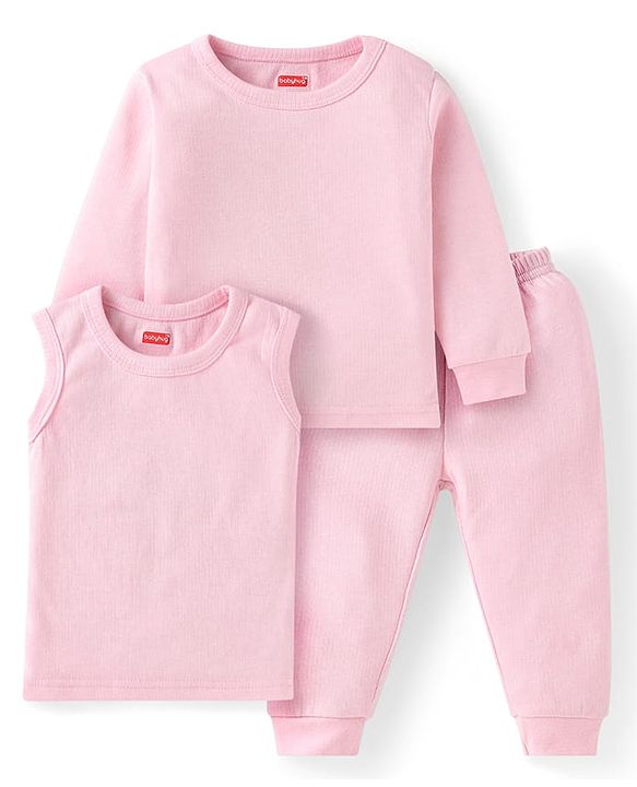 Babyhug Full Sleeves Solid Colour Thermal Pullover Vests & Pant Set - Pink
