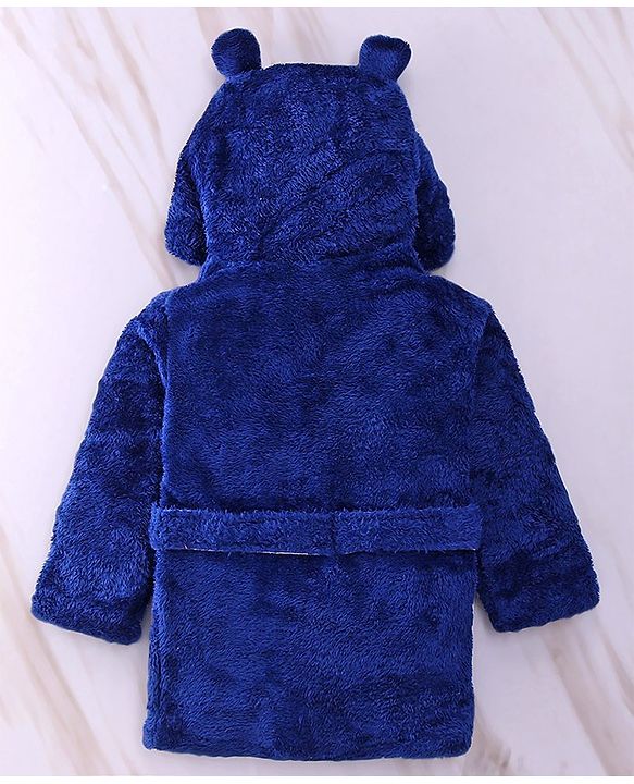 Babyhug Velour  Knit Full Sleeves Hooded Bath Robe With Ear Flaps - Navy Blue