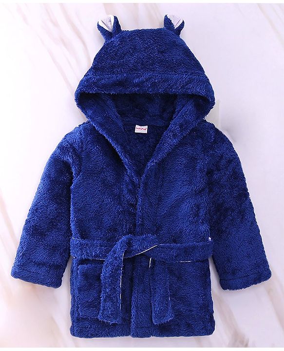 Babyhug Velour  Knit Full Sleeves Hooded Bath Robe With Ear Flaps - Navy Blue