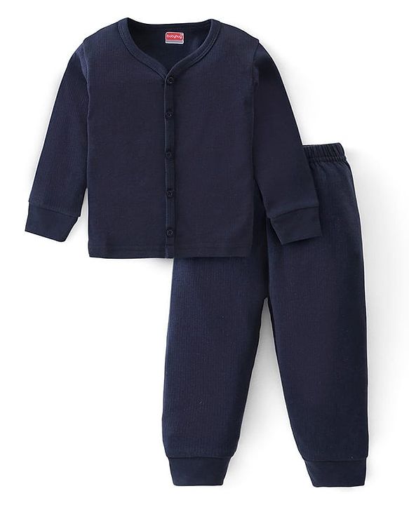 Babyhug Cotton Full Sleeves Solid Color Front Open Thermal Vest & Pant Set - Navy Blue