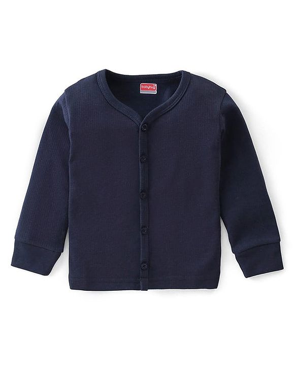 Babyhug Cotton Full Sleeves Solid Color Front Open Thermal Vest & Pant Set - Navy Blue