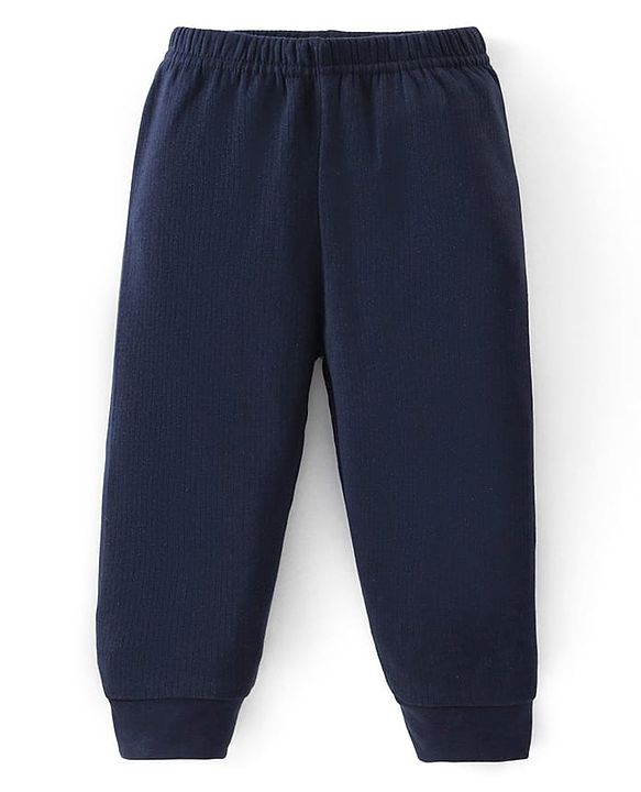 Babyhug Cotton Full Sleeves Solid Color Front Open Thermal Vest & Pant Set - Navy Blue