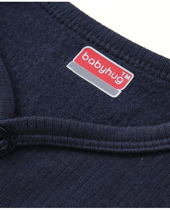 Babyhug Cotton Full Sleeves Solid Color Front Open Thermal Vest & Pant Set - Navy Blue