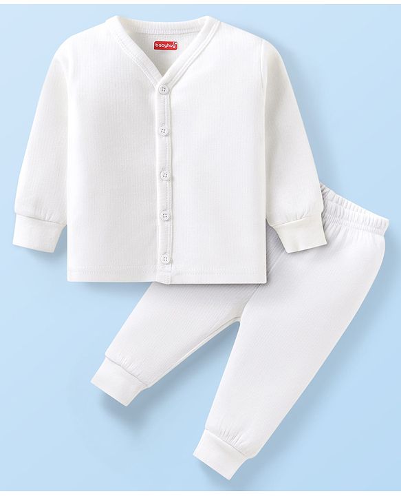 Babyhug Full Sleeves Front Open Solid Thermal Vest & Leggings - White