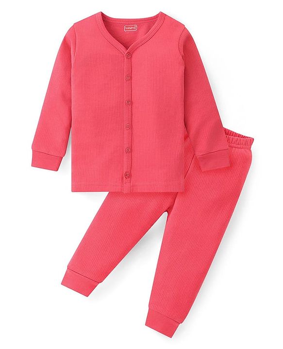 Babyhug Cotton Full Sleeves Solid Color Front Open Thermal Vest & Pant Set - Red