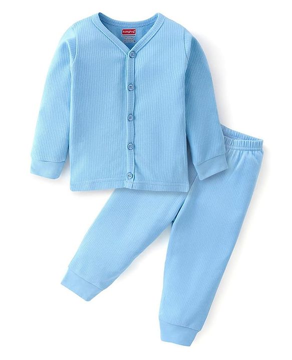 Babyhug Cotton Full Sleeves Solid Color Front Open Thermal Vest & Pant Set - Light Blue