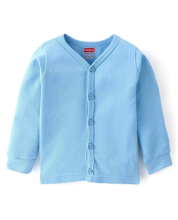 Babyhug Cotton Full Sleeves Solid Color Front Open Thermal Vest & Pant Set - Light Blue