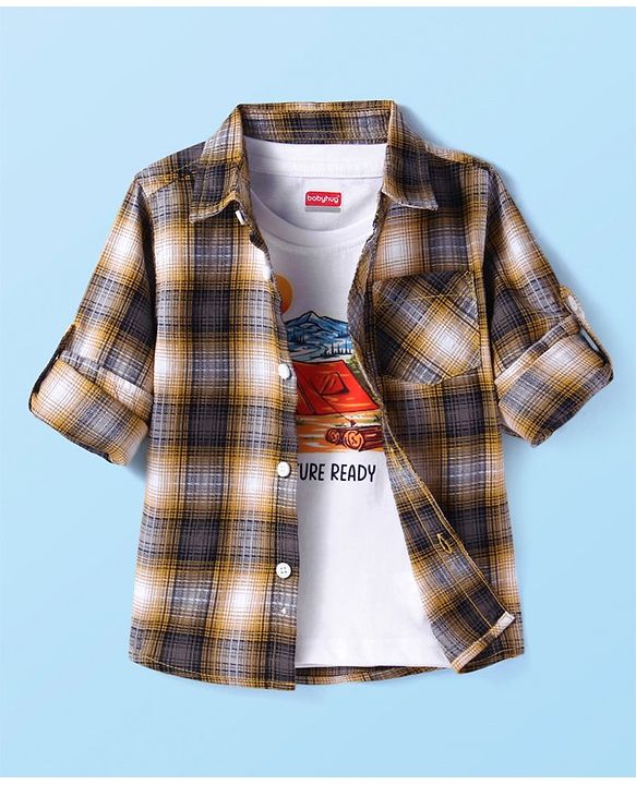 Babyhug Cotton Woven Full Sleeves Checkered Shirt With Printed T-Shirt - White