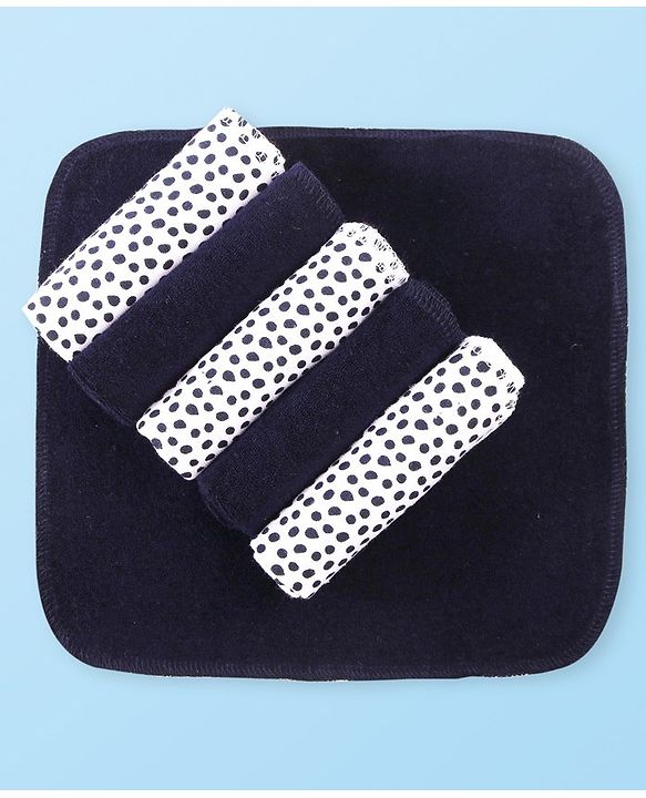 Babyhug Cotton Knit Hand & Face Towels With Polka Dot Print Pack of 6- Navy Blue & White