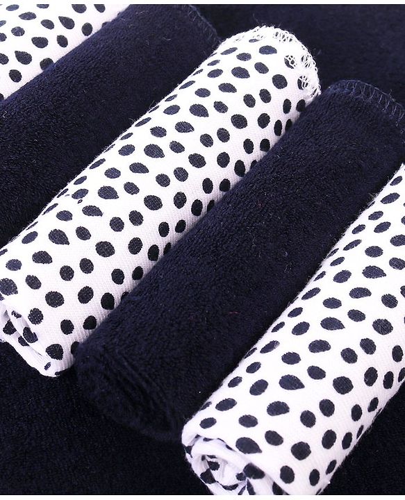 Babyhug Cotton Knit Hand & Face Towels With Polka Dot Print Pack of 6- Navy Blue & White