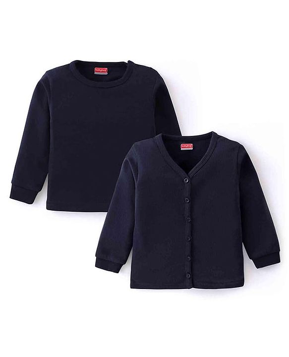 Babyhug Full Sleeves Solid Colour Pullover & Front Open Thermal Vests Pack of 2 - Navy Blue