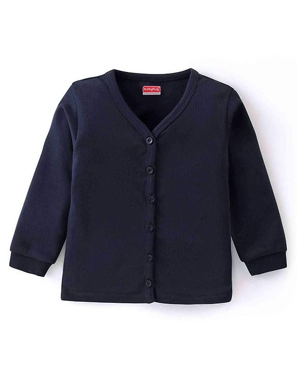 Babyhug Full Sleeves Solid Colour Pullover & Front Open Thermal Vests Pack of 2 - Navy Blue
